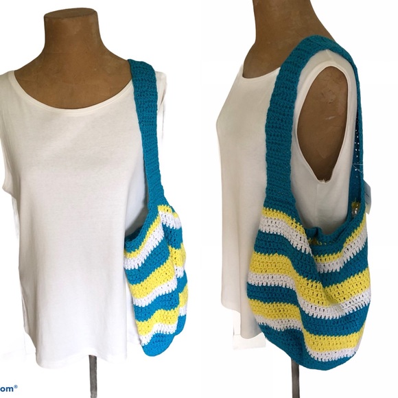Hand Crafted Handbags - Handmade Crochet Cotton stripe Yellow  Turquoise white tote